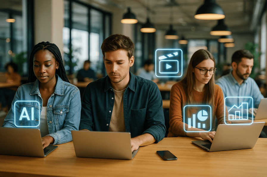 A modern coworking space with diverse freelancers at laptops, holographic icons floating above them representing AI, video editing, data analysis, and design. Bright, energetic, realistic atmosphere.”