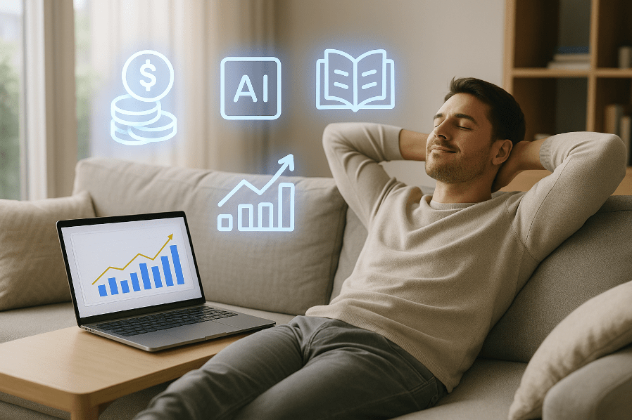 A person relaxing on a sofa with a laptop nearby showing graphs of passive income streams, while holographic icons of money, AI, ebooks, and stock charts float around. Bright, modern, realistic scene