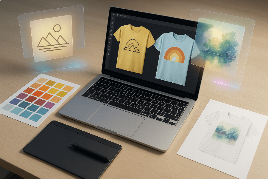 Overhead shot of a minimalist desk with a laptop showing T-shirt mockups, color swatches, and a graphics tablet. Floating holograms of AI-generated designs (retro, minimal, watercolor). Bright, modern, realistic workspace