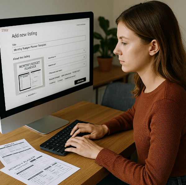 gestor de productos digitales optimizando fichas en marketplace desde casa.