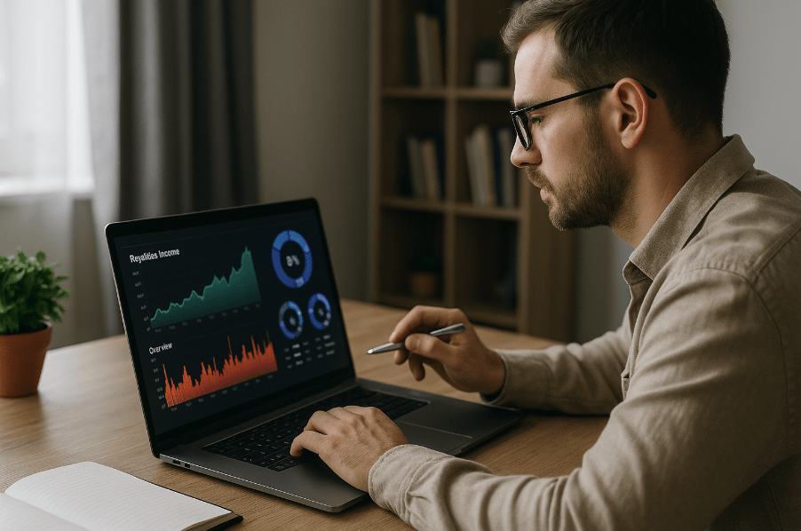 microinversor en activos digitales revisando métricas en ordenador desde casa