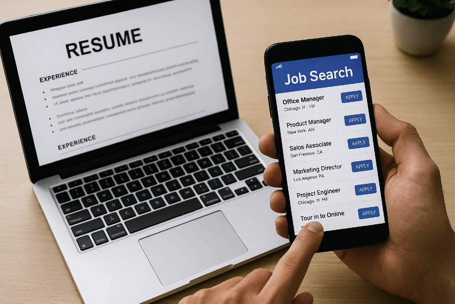 persona buscando trabajo desde el móvil con app de empleo y CV abierto en el portátil