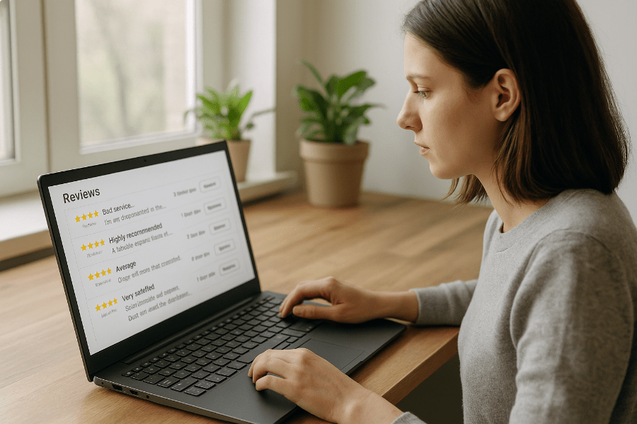 revisor de reseñas online moderando opiniones en ordenador desde casa.