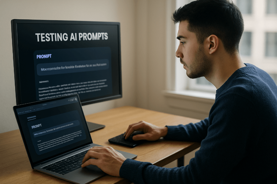 tester de prompts IA trabajando desde casa con ordenador portátil y pantalla de inteligencia artificial