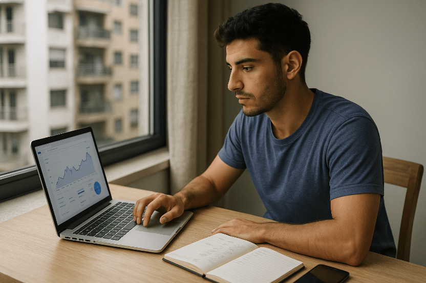 persona en Argentina ganando dinero online desde casa con su portátil y cobrando en dólares