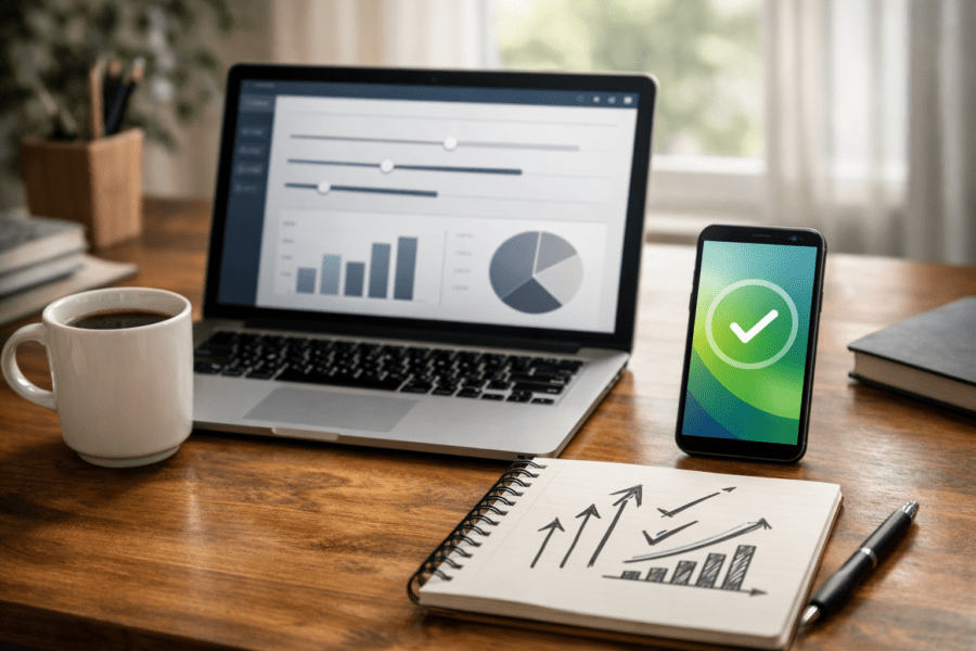 U.S. home office desk with a generic earnings calculator on a laptop and KPI notes