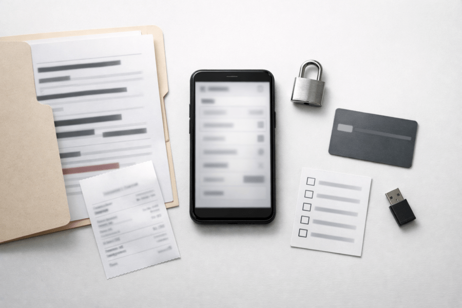 Scam report pack builder concept- phone with blurred report form and evidence documents on a desk